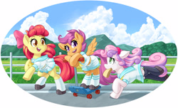 Size: 2634x1600 | Tagged: safe, artist:dstears, imported from derpibooru, apple bloom, scootaloo, sweetie belle, earth pony, pegasus, pony, unicorn, adorabloom, anime, bread, clothes, cute, cutealoo, cutie mark crusaders, diasweetes, female, filly, foal, food, mouth hold, open mouth, running, sailor uniform, schoolgirl toast, scooter, stockings, sweat, sweatdrop, thigh highs, toast, trio, uniform, zettai ryouiki