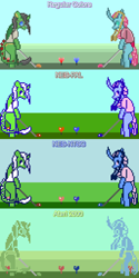 Size: 512x1024 | Tagged: safe, artist:derek the metagamer, imported from derpibooru, ocellus, oc, changedling, changeling, changeling queen, dragon, aseprite, atari 2600, canon x oc, changeling oc, clothes, dragoning, female, golf, golf club, nintendo entertainment system, older, older ocellus, outdoors, pixel art, shirt, sports, wings