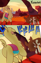 Size: 1173x1794 | Tagged: safe, artist:tcgamebot, edit, imported from derpibooru, screencap, alpaca, cow, them's fightin' herds, arizona (tfh), butt, cloud, cloven hooves, community related, dancing, desert, eyes closed, female, is that a jojo reference?, jojo's bizarre adventure, meme, oh you're approaching me, outdoors, papributt, paprika (tfh), plot, scenery, smiling, sunset prairie, taunt, taunting, the prairie, ド ド ド