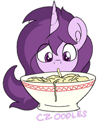 Size: 1390x1566 | Tagged: safe, artist:czu, imported from derpibooru, oc, oc only, oc:czupone, unicorn, bowl, food, noodles, simple background, transparent background