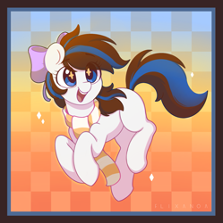 Size: 1299x1302 | Tagged: safe, artist:flixanoa, imported from derpibooru, oc, oc only, oc:breezy, earth pony, pony, bow, checkered background, clothes, cute, female, hair bow, ocbetes, open mouth, scarf, solo, starry eyes, striped scarf, wingding eyes