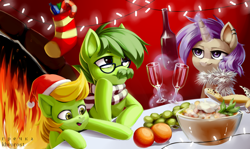 Size: 4308x2562 | Tagged: safe, artist:khvorost162, imported from derpibooru, oc, oc only, earth pony, lizard, pony, unicorn, candy, candy cane, christmas, christmas stocking, clothes, earth pony oc, fire, fireplace, food, hat, holiday, horn, new year, santa hat, scarf, trio, unicorn oc