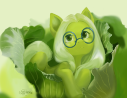 Size: 2166x1675 | Tagged: safe, artist:khvorost162, imported from derpibooru, oc, oc only, earth pony, pony, cabbage, earth pony oc, female, food, glasses, green coat, green eyes, mare, round glasses, signature, small pony, solo