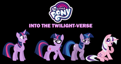 Size: 2905x1532 | Tagged: safe, artist:caliazian, artist:lauren faust, artist:pika-robo, artist:quanno3, artist:sketchmcreations, imported from derpibooru, sci-twi, twilight, twilight sparkle, twilight twinkle, alicorn, pony, unicorn, equestria girls, 2009, black background, concerned, equestria girls ponified, female, g1, g1 to g4, g4, generation leap, glasses, logo, mare, multiverse, my little pony logo, open mouth, original design, parody, ponified, raised eyebrow, shocked, show bible, simple background, sitting, smiling, speechless, spider-man: into the spider-verse, tail, thinking, twilight sparkle (alicorn), two toned mane, two toned tail, unicorn sci-twi, unicorn twilight
