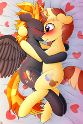 Size: 2000x3000 | Tagged: safe, artist:h3nger, imported from derpibooru, oc, oc only, oc:digidash, oc:sugar pie, pegasus, pony, unicorn, bed, blushing, cuddling, cute, duo, duo male, feathered wings, gay, heart, heart eyes, horn, male, pegasus oc, shipping, spread wings, stallion, stallion on stallion, unicorn oc, wingding eyes, wings