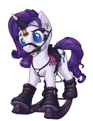 Size: 916x1200 | Tagged: safe, artist:gor1ck, imported from derpibooru, rarity, pony, unicorn, bell, bit gag, bondage, bound and gagged, femsub, gag, harness, magic suppression, rarisub, rocking horse, rocking horse bondage, saddle, simple background, solo, submissive, tack, white background