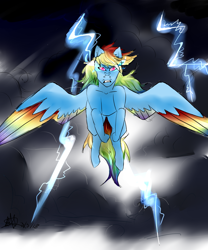 Size: 2000x2400 | Tagged: safe, artist:captainloafnugget, imported from derpibooru, rainbow dash, pegasus, pony, female, flying, gritted teeth, lightning, solo, spread wings, storm, wings