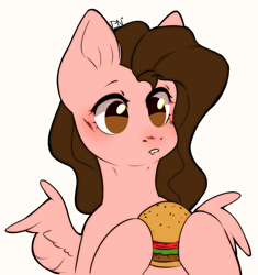 Size: 1271x1355 | Tagged: safe, artist:pledus, imported from derpibooru, oc, oc only, oc:pawprint, pegasus, pony, burger, commission, female, food, hamburger, hoof hold, meat, pegasus oc, ponies eating meat, simple background, solo, spread wings, white background, wings, ych result, your character here