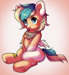 Size: 1280x1393 | Tagged: safe, artist:pledus, imported from derpibooru, oc, oc only, oc:sun light, pegasus, pony, blushing, clothes, commission, female, pegasus oc, scarf, solo, spread wings, wings, ych result