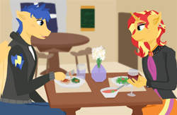 Size: 1000x650 | Tagged: safe, artist:arcticleapordfrost, imported from derpibooru, flash sentry, sunset shimmer, anthro, female, flashimmer, male, shipping, straight