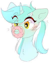 Size: 1280x1568 | Tagged: safe, artist:pledus, imported from derpibooru, lyra heartstrings, pony, unicorn, blushing, bust, chest fluff, cute, donut, donutsnootle, eye clipping through hair, eyebrows, eyebrows visible through hair, female, food, lyrabetes, mare, portrait, silly, silly pony, simple background, snoot, solo, white background