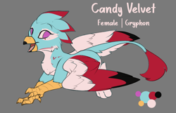 Size: 1120x721 | Tagged: safe, artist:beardie, imported from derpibooru, oc, oc only, oc:candy velvet, griffon, cheek fluff, chest fluff, eyebrows, female, gray background, griffon oc, leonine tail, looking at you, no pupils, open mouth, open smile, paws, reference sheet, simple background, smiling, smiling at you, solo, tail, wings