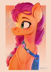 Size: 724x1024 | Tagged: safe, artist:sofiko-ko, imported from derpibooru, sunny starscout, earth pony, pony, abstract background, bag, beautiful, bow, bust, cute, female, freckles, g5, mare, my little pony: a new generation, portrait, simple background, smiling, solo, sunnybetes