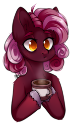 Size: 1130x1924 | Tagged: safe, artist:pledus, imported from derpibooru, oc, oc only, earth pony, pony, coffee, commission, earth pony oc, female, hoof hold, simple background, solo, white background, ych result