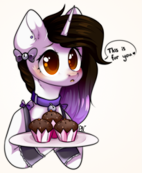 Size: 1239x1509 | Tagged: safe, artist:pledus, imported from derpibooru, oc, oc only, pony, unicorn, bell, bell collar, blushing, choker, clothes, collar, commission, cupcake, female, food, hoof hold, horn, maid, plate, simple background, solo, speech bubble, unicorn oc, ych result