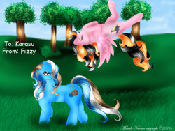 Size: 1024x768 | Tagged: safe, artist:sassylilpanda, imported from derpibooru, oc, oc only, oc:bubbly pie, oc:karasu, earth pony, pegasus, 2006, female, g1, tree