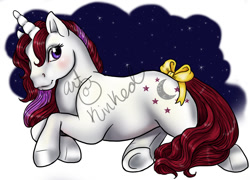 Size: 1200x864 | Tagged: source needed, safe, artist:kinked, imported from derpibooru, moondancer (g1), unicorn, bow, female, g1, solo, tail, tail bow