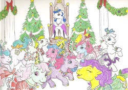 Size: 1167x827 | Tagged: safe, artist:foxspotted, imported from derpibooru, majesty, princess misty, princess primrose, princess pristina, princess royal blue, princess serena, princess sparkle, princess starburst, princess sunbeam, princess tiffany, earth pony, pegasus, unicorn, christmas, christmas tree, dancing, female, g1, holiday, traditional art, tree, twelve days of christmas