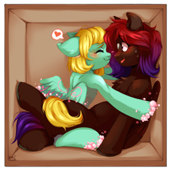 Size: 1920x1928 | Tagged: safe, artist:pledus, imported from derpibooru, oc, oc only, oc:bubble becky, oc:shaded star, pegasus, pony, blushing, box, bubble, commission, cute, duo, eyes closed, female, heart, male, nervous sweat, open mouth, pegasus oc, size difference, smiling, spread wings, straight, wings, ych result