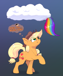 Size: 2042x2470 | Tagged: safe, artist:xbi, imported from derpibooru, applejack, rainbow dash, earth pony, pegasus, pony, applejack's hat, cloud, cowboy hat, cute, duo, duo female, female, gradient background, hat, high res, hooves, jackabetes, looking up, mare, raised hoof, shadow, signature, smiling, standing, tail, thinking, thought bubble