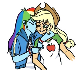 Size: 753x687 | Tagged: safe, artist:laya-21, imported from derpibooru, applejack, rainbow dash, equestria girls, appledash, arm around neck, cheek kiss, duo, female, kissing, lesbian, shipping, simple background, white background