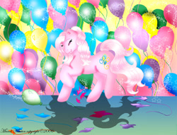 Size: 784x600 | Tagged: safe, artist:sassylilpanda, imported from derpibooru, pinkie pie (g3), earth pony, 2006, balloon, balloon popping, dancing, female, g3, g3 diapinkes, popping, solo