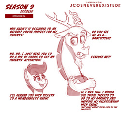 Size: 1001x960 | Tagged: safe, artist:jcosneverexisted, imported from derpibooru, discord, scootaloo, pegasus, pony, season 9, the last crusade, spoiler:s09, dialogue, female, male, season 9 doodles, text