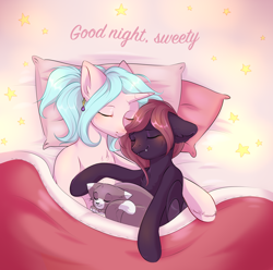 Size: 2318x2295 | Tagged: safe, artist:pledus, imported from derpibooru, oc, oc only, bat pony, cat, pony, unicorn, bat pony oc, bed, blanket, commission, duo, duo female, ear fluff, eyes closed, fangs, female, floppy ears, good night, high res, hooves, horn, oc x oc, on bed, shipping, stars, unicorn oc, ych result