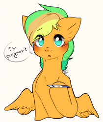 Size: 1920x2291 | Tagged: safe, artist:pledus, imported from derpibooru, oc, oc only, oc:mango tango (ponkus), pegasus, pony, blushing, commission, female, pegasus oc, pregnancy test, pregnant, simple background, solo, white background, ych result