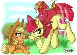 Size: 4093x2894 | Tagged: safe, artist:julunis14, imported from derpibooru, apple bloom, applejack, big macintosh, earth pony, pony, age swap, apple siblings, apple sisters, blank flank, bow, brother and sister, colt, colt big macintosh, digital, female, filly, filly applejack, foal, hat, high res, male, mare, older, older apple bloom, oversized hat, piggyback ride, ponytails, riding, role reversal, rope, siblings, signature, sisters, younger