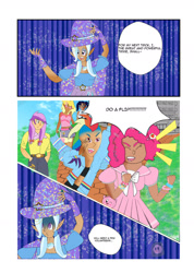 Size: 1024x1435 | Tagged: safe, artist:nintendomlpsapphic, imported from derpibooru, pinkie pie, rainbow dash, trixie, human, comic, dark skin, humanized