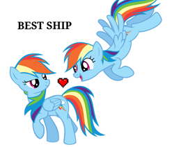 Size: 1182x1000 | Tagged: safe, imported from derpibooru, rainbow dash, pegasus, pony, best ship, dashdash, female, flying, folded wings, heart, lesbian, lidded eyes, looking at each other, looking at someone, narcissism, otp, rainbow narcissist, raised hoof, self paradox, self ponidox, selfcest, shipping, simple background, text, vector, wat, white background, wings