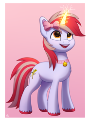 Size: 1480x2000 | Tagged: safe, artist:luminousdazzle, imported from derpibooru, oc, oc only, oc:cinnamon lightning, pony, unicorn, bell, bell collar, bow, collar, commission, excited, glowing, glowing horn, hair bow, horn, lightning, looking up, magic, male, open mouth, open smile, simple background, smiling, solo, stallion, unicorn oc, unshorn fetlocks