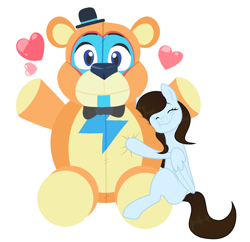 Size: 2676x2589 | Tagged: safe, artist:vi45, imported from derpibooru, oc, oc only, oc:krissy, bear, pegasus, pony, bowtie, commission, crossover, cute, eyes closed, female, five nights at freddy's, five nights at freddy's: security breach, freddy fazbear, glamrock freddy, hat, heart, hug, mare, plushie, simple background, top hat, white background, ych result