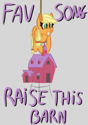 Size: 2508x3541 | Tagged: safe, artist:justapone, imported from derpibooru, applejack, earth pony, pony, barn, colored sketch, februpony, female, hatless, holding, mare, missing accessory, missing cutie mark, no cutie marks because im lazy, raise this barn, rope, smiling, solo, suspended