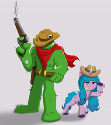 Size: 4971x5615 | Tagged: safe, artist:cactuscowboydan, imported from derpibooru, izzy moonbow, oc, pony, unicorn, bullet, bullet belt, cactus, cowboy, cowboy hat, g5, gun, handgun, hat, my little pony: a new generation, pose, revolver, weapon