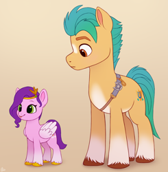 Size: 920x940 | Tagged: safe, artist:luminousdazzle, imported from derpibooru, hitch trailblazer, pipp petals, earth pony, pegasus, pony, :p, adorapipp, coat markings, cute, female, g5, hitchbetes, jewelry, looking down, male, male and female, mare, my little pony: a new generation, pipp is short, pipp is smol, size difference, small, smiling, smol, socks (coat markings), stallion, tiara, tiny, tongue out, unshorn fetlocks