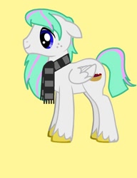 Size: 626x814 | Tagged: safe, artist:thatpurplehorse, imported from derpibooru, oc, oc only, oc:fruity wave, pegasus, pony creator, clothes, male, pegasus oc, scarf, simple background, solo, stallion, striped scarf, yellow background