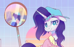 Size: 2150x1374 | Tagged: safe, artist:wavecipher, imported from derpibooru, rarity, pony, unicorn, accessory swap, alternate hairstyle, backwards ballcap, baseball cap, cap, clothes, disguise, hat, plainity, simple background, solo, vaporwave, wip