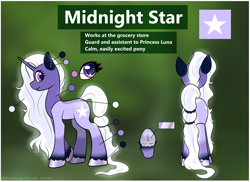 Size: 2584x1879 | Tagged: safe, artist:cornelia_nelson, edit, imported from derpibooru, oc, oc only, oc:midnightstar, pony, unicorn, cute, cutie mark, horn, intersex, long hair, long mane, long tail, reference sheet, tail, unicorn oc