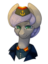 Size: 1500x2000 | Tagged: safe, artist:lazymishel, imported from derpibooru, oc, oc only, oc:stormy haze, earth pony, pony, fallout equestria, anchor, balefire blues, bust, clothes, female, mare, navy, simple background, solo, transparent background, uniform, uniform hat