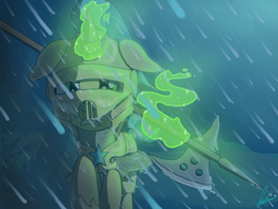 Size: 4000x3000 | Tagged: safe, artist:flaremoon, imported from derpibooru, oc, oc:mercury haze, pony, unicorn, armor, female, guardsmare, halberd, magic, mare, rain, royal guard, telekinesis, weapon