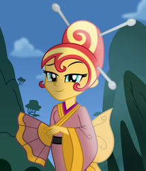 Size: 1024x1194 | Tagged: safe, artist:emeraldblast63, imported from derpibooru, sunset shimmer, equestria girls, alternate hairstyle, clothes, fan, hair bun, kimono (clothing), looking at you, scenery, smiling, smiling at you, smirk, updo