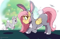 Size: 1496x984 | Tagged: safe, artist:walliscolours, imported from derpibooru, fluttershy, pegasus, pony, rabbit, animal, animal costume, blushing, bunny costume, bunnyshy, clothes, costume, cute, female, mare, redraw, shyabetes, smiling, solo
