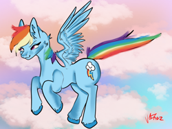Size: 2160x1620 | Tagged: safe, artist:v-nuz, imported from derpibooru, rainbow dash, pegasus, pony, cloud, female, flying, mare, smiling, smirk, solo, spread wings, wings