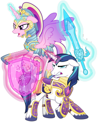 Size: 3200x4000 | Tagged: safe, artist:cheezedoodle96, imported from derpibooru, princess cadance, shining armor, alicorn, pony, unicorn, .svg available, absurd resolution, angry, armor, battle stance, combat, duo, female, fighting stance, flying, glow, glowing horn, gritted teeth, horn, husband and wife, magic, magic aura, male, mare, married couple, royal guard armor, shield, simple background, spread wings, stallion, svg, sword, transparent background, vector, war face, weapon, wings