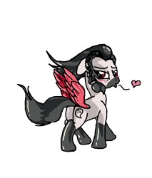 Size: 1600x1878 | Tagged: safe, artist:dumbshwickmcgee, oc, oc:gloomy trail, earth pony, pegasus, pony, blushing, earth pony oc, embarrassed, kissy face, looking back, necromancer, pegasus oc, ponerpics community collab 2022, solo, wings