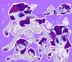 Size: 2048x1749 | Tagged: safe, artist:berrysoda10, imported from derpibooru, rarity, deer, reindeer, deerified, eyes closed, female, looking at you, lying down, on back, one eye closed, purple background, rarideer, reindeerified, simple background, species swap, wink, winking at you