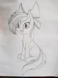 Size: 1280x1707 | Tagged: safe, artist:wafflecakes, oc, oc only, earth pony, pony, bow, chest fluff, monochrome, open mouth, sitting, smiling, traditional art