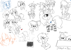 Size: 910x640 | Tagged: safe, artist:wafflecakes, cloudchaser, flitter, lyra heartstrings, oc, oc:filly anon, earth pony, pegasus, pony, unicorn, bow, box, chest fluff, clothes, drawpile, eyes closed, female, filly, heart, monochrome, music notes, open mouth, simple background, sitting, smiling, socks, tongue out